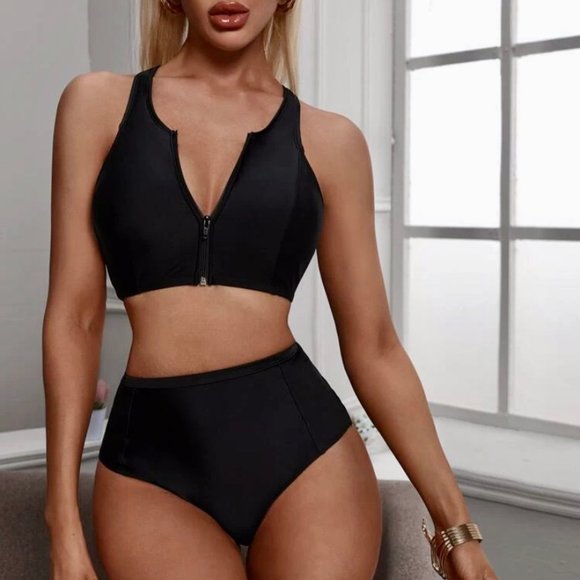 Zipper Front Racerback High Waisted Bikini - Picture 3 of 5